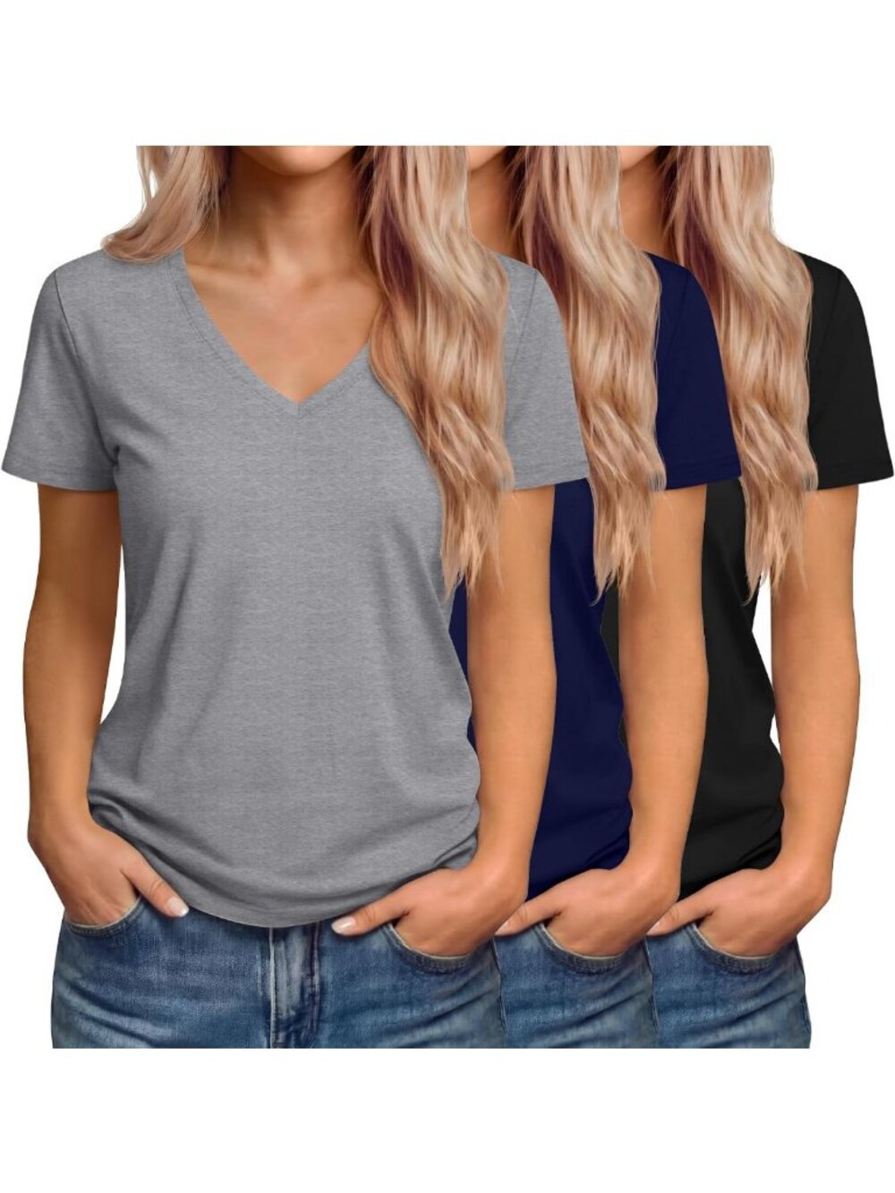 Riyiper 3 Pcs Womens V Neck Loose Fit T-Shirts Short Sleeve Tops